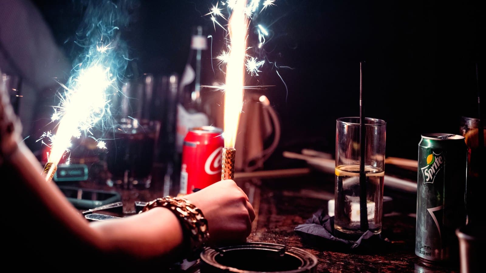 Bottle service sparklers at a Las Vegas nightclub table